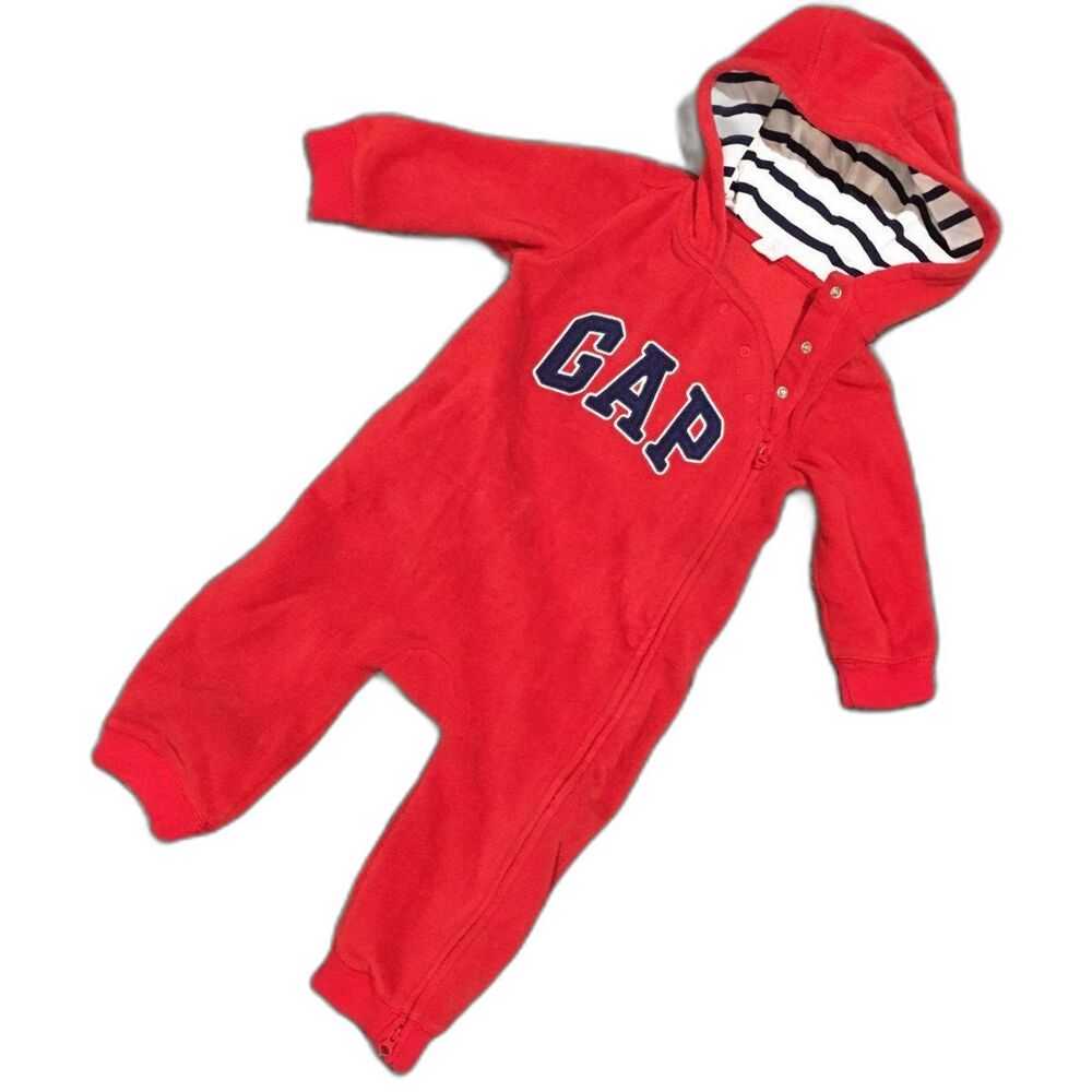 Baby Gap Red Fleece Hooded Romper 12-18 Months Striped Lining Winter One-Piece